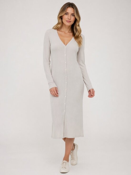 James Perse Dresses & Skirts - James Perse Ribbed Cotton Knit Midi Dress Taupe Gray V Neck Button Front Medium